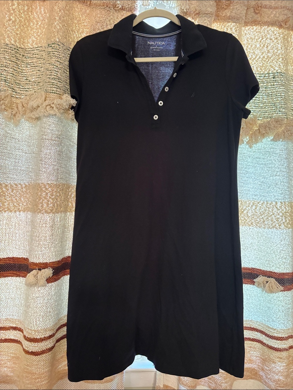 Nautica Black Polo Shirt Dress with Button Placket